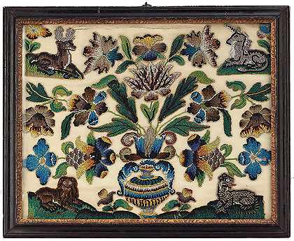 Charles II Glass Beadwork Embroidery on Silk. England c1670