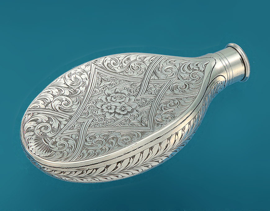 Fine Victorian Engraved Silver Hip Flask, Simeon Greenberg, Birmingham,1860, concave side