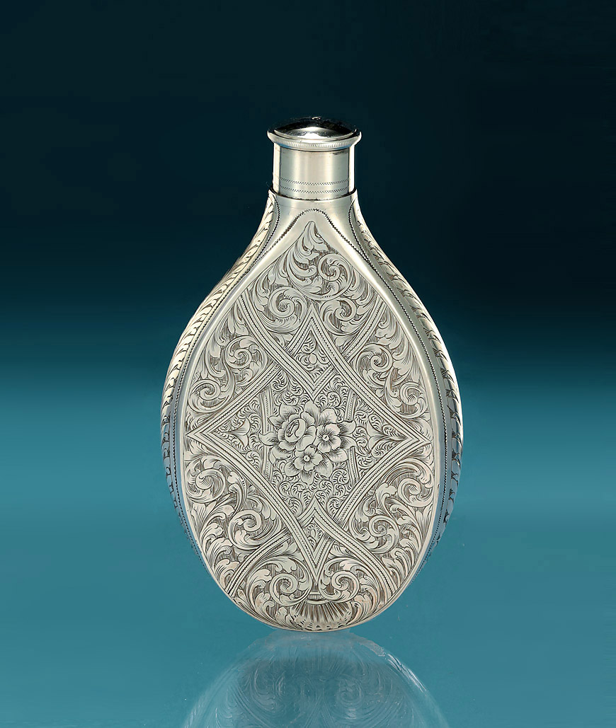 Fine Victorian Engraved Silver Hip Flask, Simeon Greenberg, Birmingham,1860 , concave side
