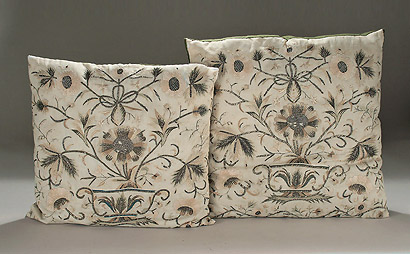 Pair of Sill & Silver Thread Crewel Embroidery Pillows