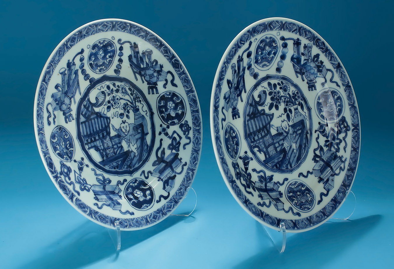 Pair Kangxi Blue & White Dancing Boy Plates, Oblique View 2