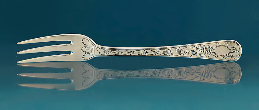 Fine Set of 9 George III Engraved Silver Dessert Forks, William Eley I & William Fearn, London, 1814 