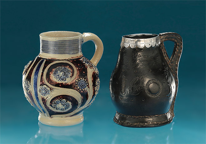  Continental Salt-Glaze Stoneware Westerwald Jug, c1650-1690, &  Silver-Mounted Black-jack Tankard, Impressed Date 1605