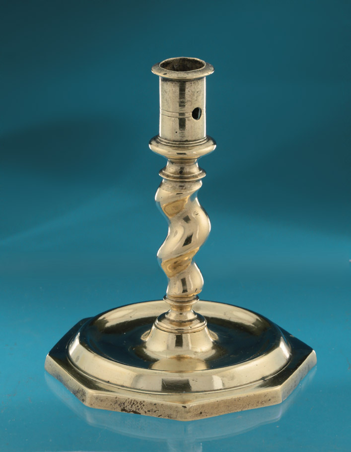 17th Century Copper Alloy Spiral Twist Stem Candlestick, Spain, c1680 