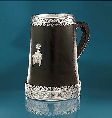 17th Century British Silver-Mounted Leather Blackjack, Applied Silver Crest