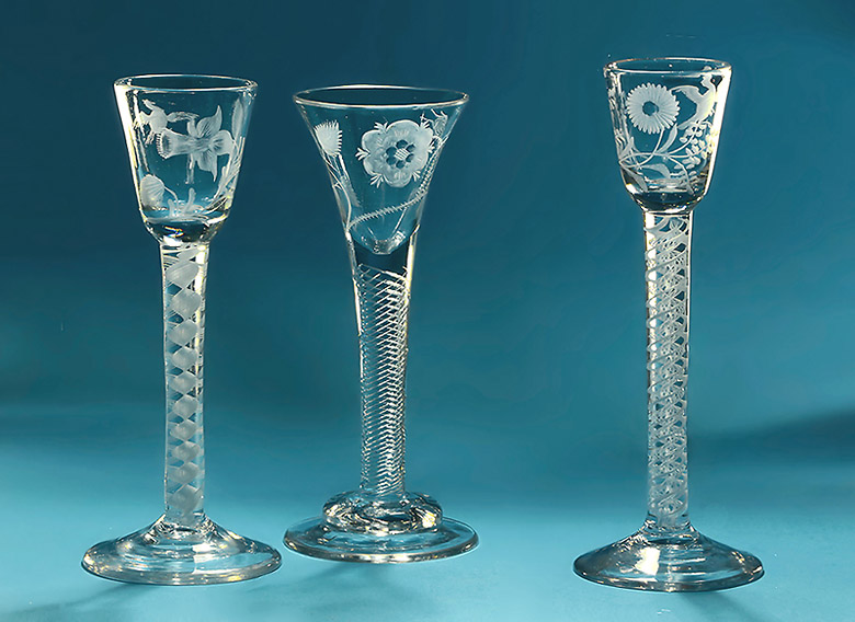 Three mid-18th Century Jacobite Glasses, 2 Cordials, 1 Wine