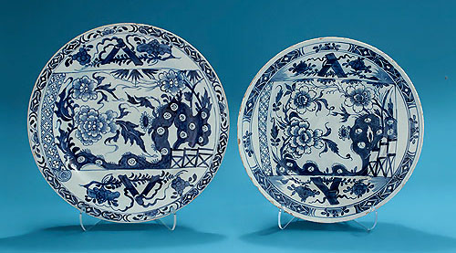 Bow Porcelain Blue & White Scroll Plate, and Dublin Delft after the Bow,  exhibited English Ceramic Circle 1948
