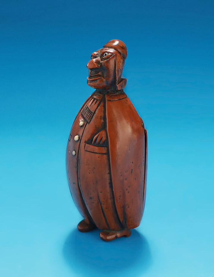 18th Century Carved Coquilla Nut Figural Snuff Box, Man with Cape, France, c1790