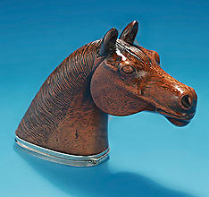 Fine Silver-Mounted Carved Mahogany Snuff Box, England, mid 19c, in the form of a horse's head