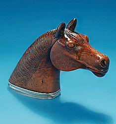 Fine Silver-Mounted Carved Mahogany Snuff Box in the form of a horse's head, England, c19th century
