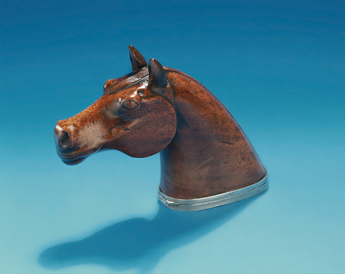Fine Carved & Silver-Mounted Mahogany Horse-head Snuff Box, mid 19c