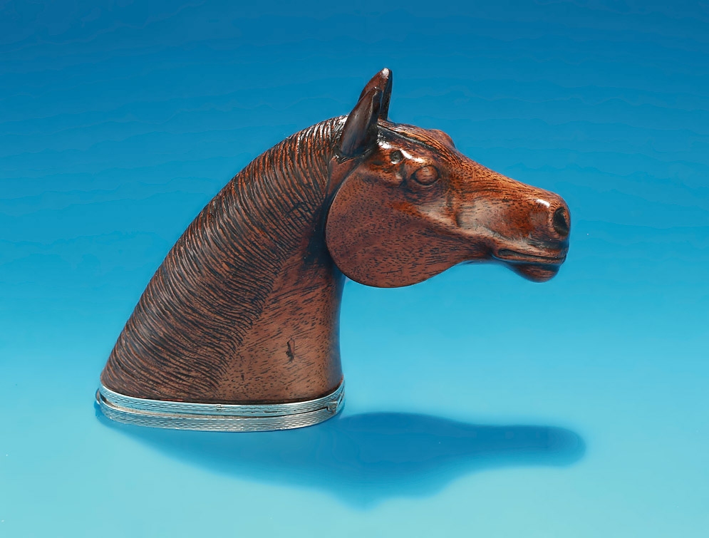 Fine Carved & Silver-Mounted Mahogany Horse-head Snuff Box, mid 19c, Profile 1
