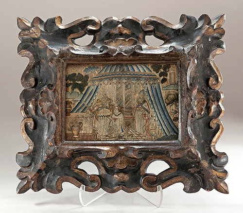Charles II Biblical Stumpwork & Needlework on Silk, Baroque Carved Wooden Frame, Solomon & Sheba