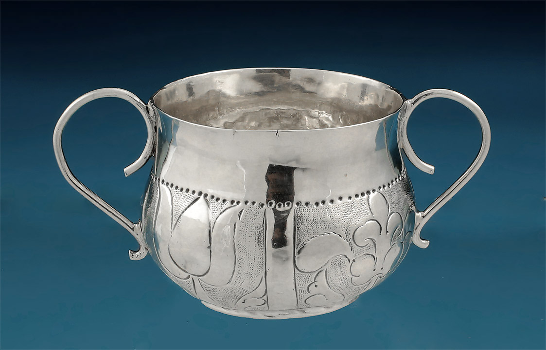 Charles II Miniature (Toy) Silver Porringer, 1671,back side with rim repaired splits