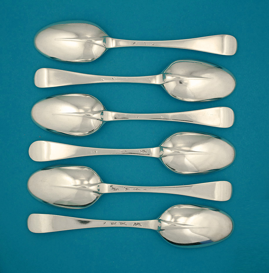 Rare Set of 6 Paul de Lamerie Dessert Spoons, c1720