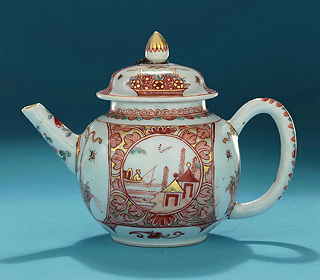 Dutch Painted Chinese Export Teapot, Yongzheng, Fisherman & Flowers Pattern