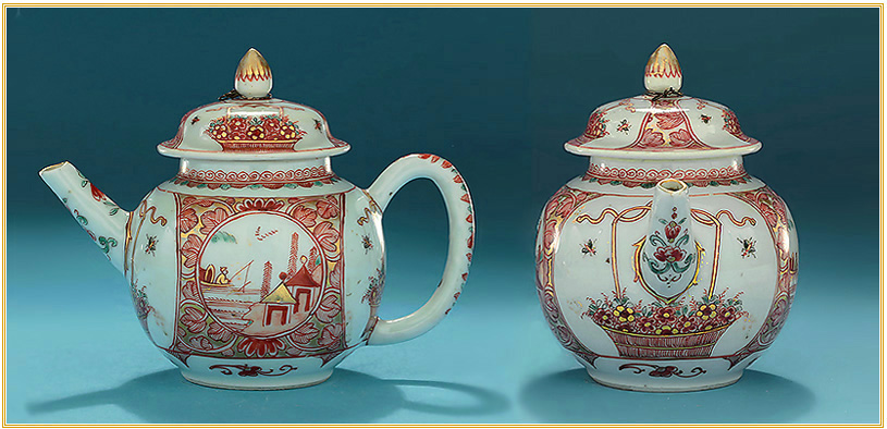 Dutch Painted Chinese Export Teapot, Yongzheng, Fisherman & Flowers Pattern