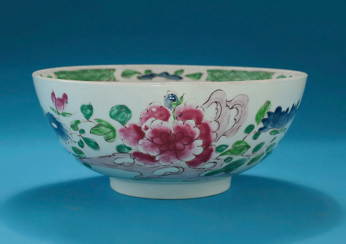 Early Bow Porcelain Famille Rose Large Punch Bowl, c1753