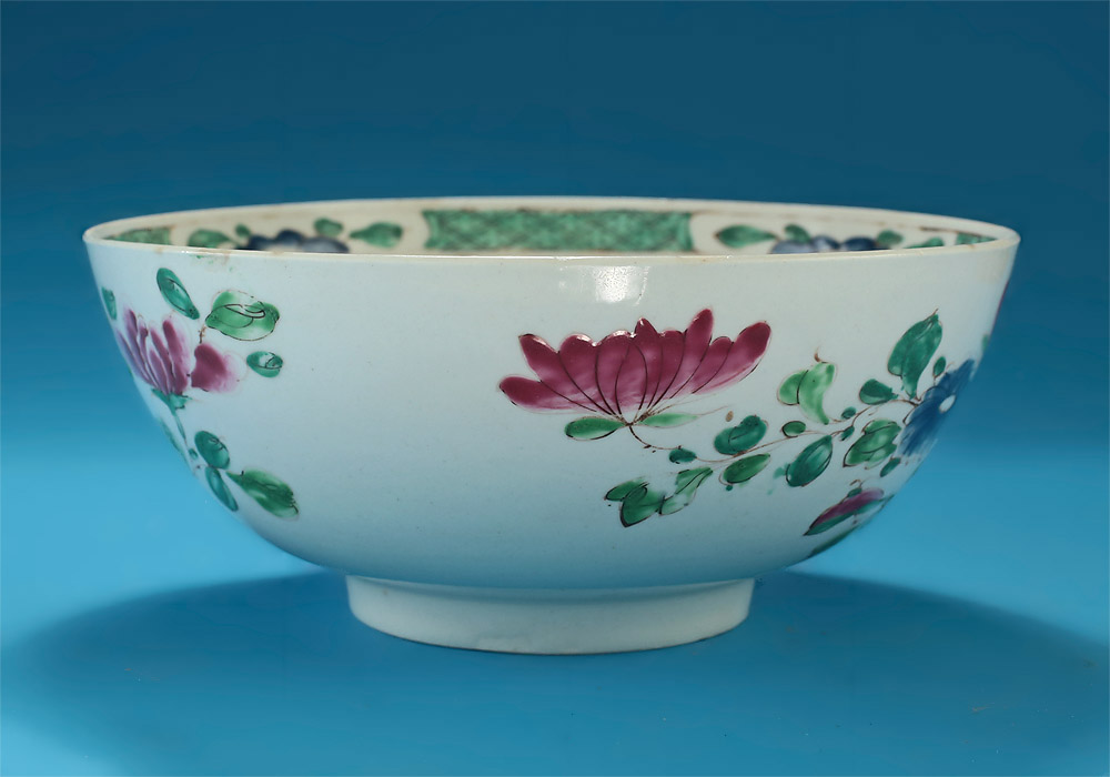 Early Bow Porcelain Large Famille Rose Enamel Bowl, Side 1