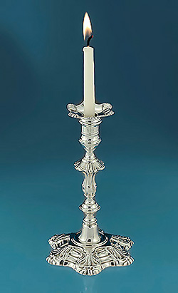 Early George III Cast Rococo Silver Taperstick, William Gould, 'Hex Foil' Shell Base, London, 1760 