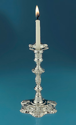 Early George III Cast Rococo Silver Taperstick, Hex Foil Base, William Gould, London, 1760 