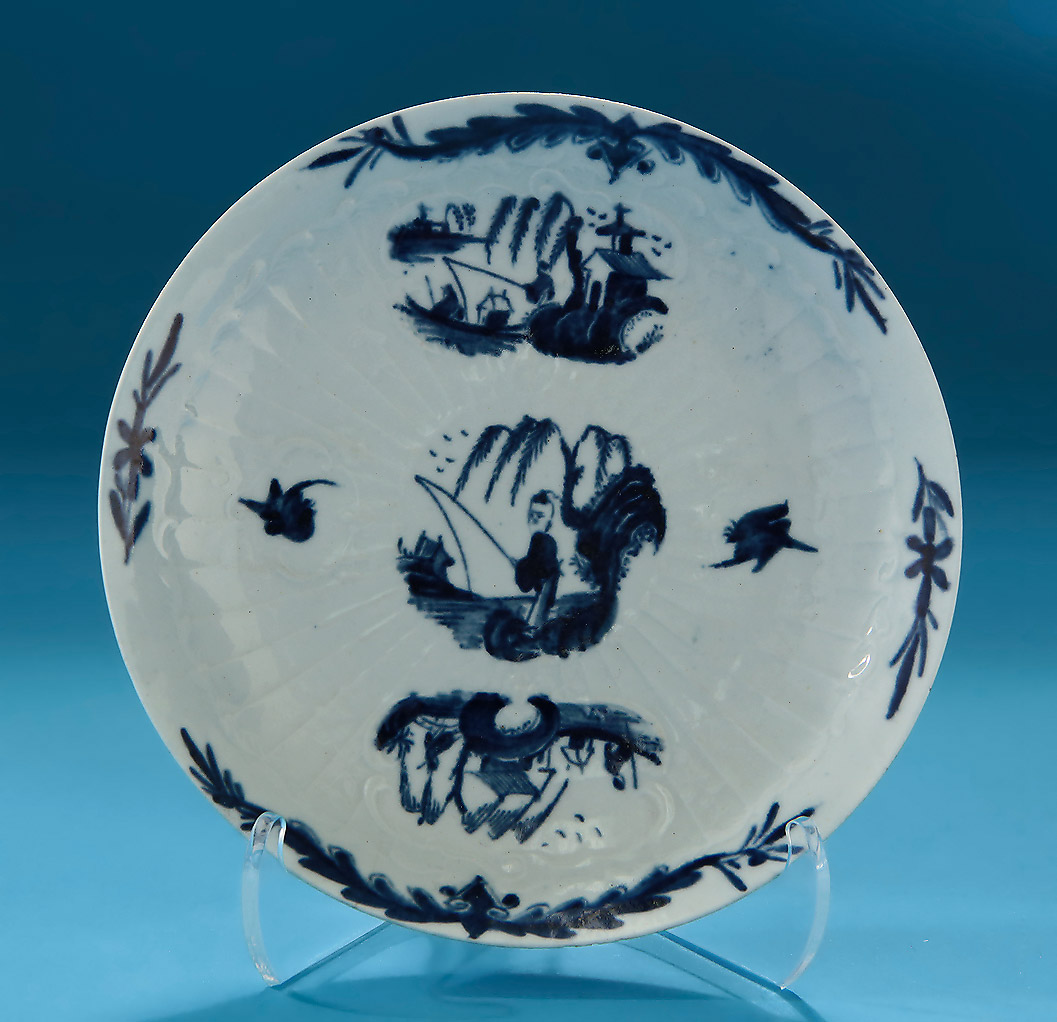 Good Early Worcester Moulded Teabowl & Saucer, Fisherman & Willow Pattern, Exhibition Paul Zeisler Collection of English Blue & White Porcelain, 1986