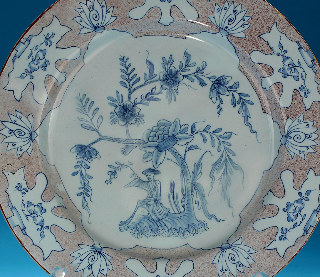 Good English Delft Manganese & Blue "Woolsack" Charger, center detail