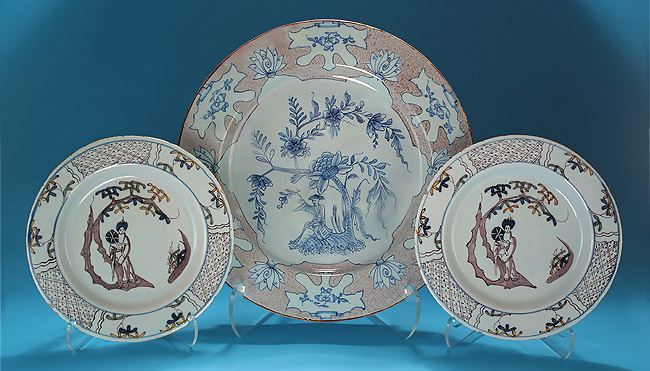 Pair English Delft in Manganese and Polychrome, Bristol, 1740-50, and a English Delft Woolsack Charger in Manganese and Blue,  Probably Liverpool c1745-55