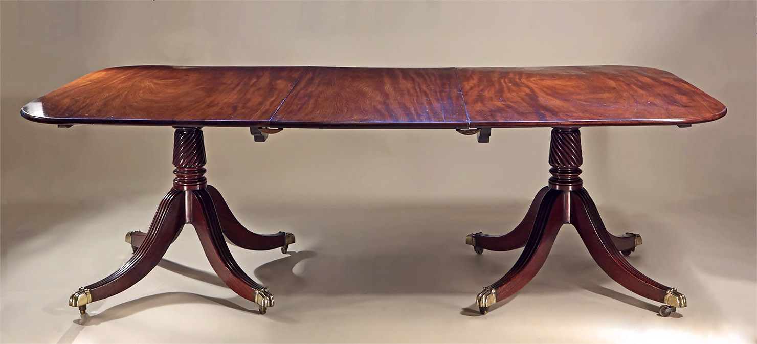 Fine George III Cuban Mahogany 2-Pedestal Dining Table, England, c1800, with three leaves, this showing with one leaf inserted