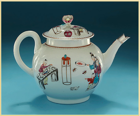 First Period Worcester Teapot, enameled in the 'Chinese Family' pattern, c1760-65