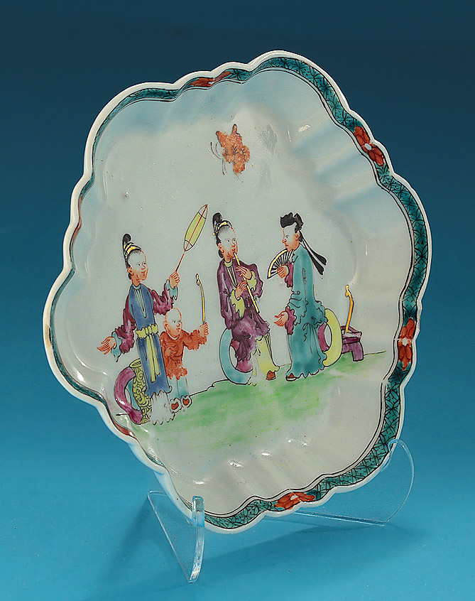 First Period Worcester Hexagonal Polychrome Teapot Stand, Chinese Musicians Pattern, c1758-60 