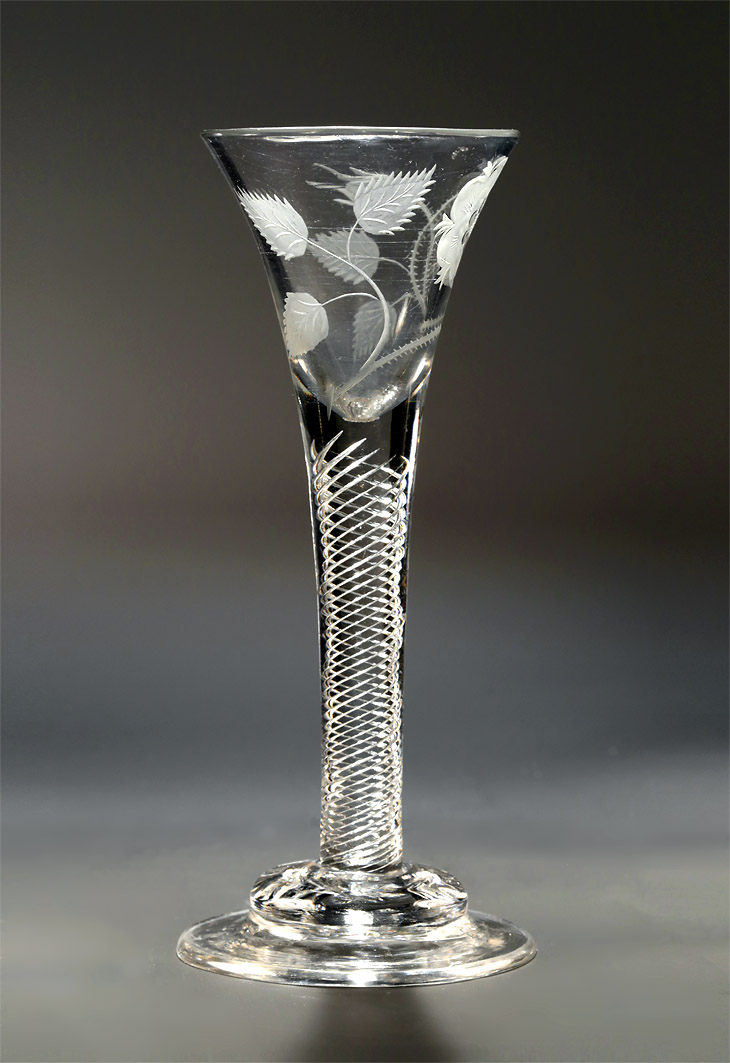George II / III Engraved Jacobite Airtwist Wine with Domed Foot, c1755-65 