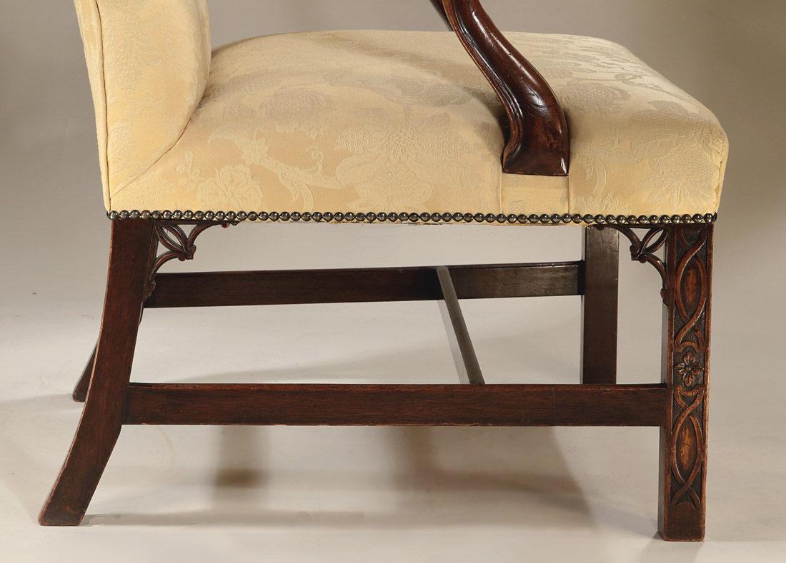 <empty>Early George III Mahogany-Framed Library Open Armchair, Blind Fretwork Legs, England, c1770, blind fretwork to legs and carved corner returns