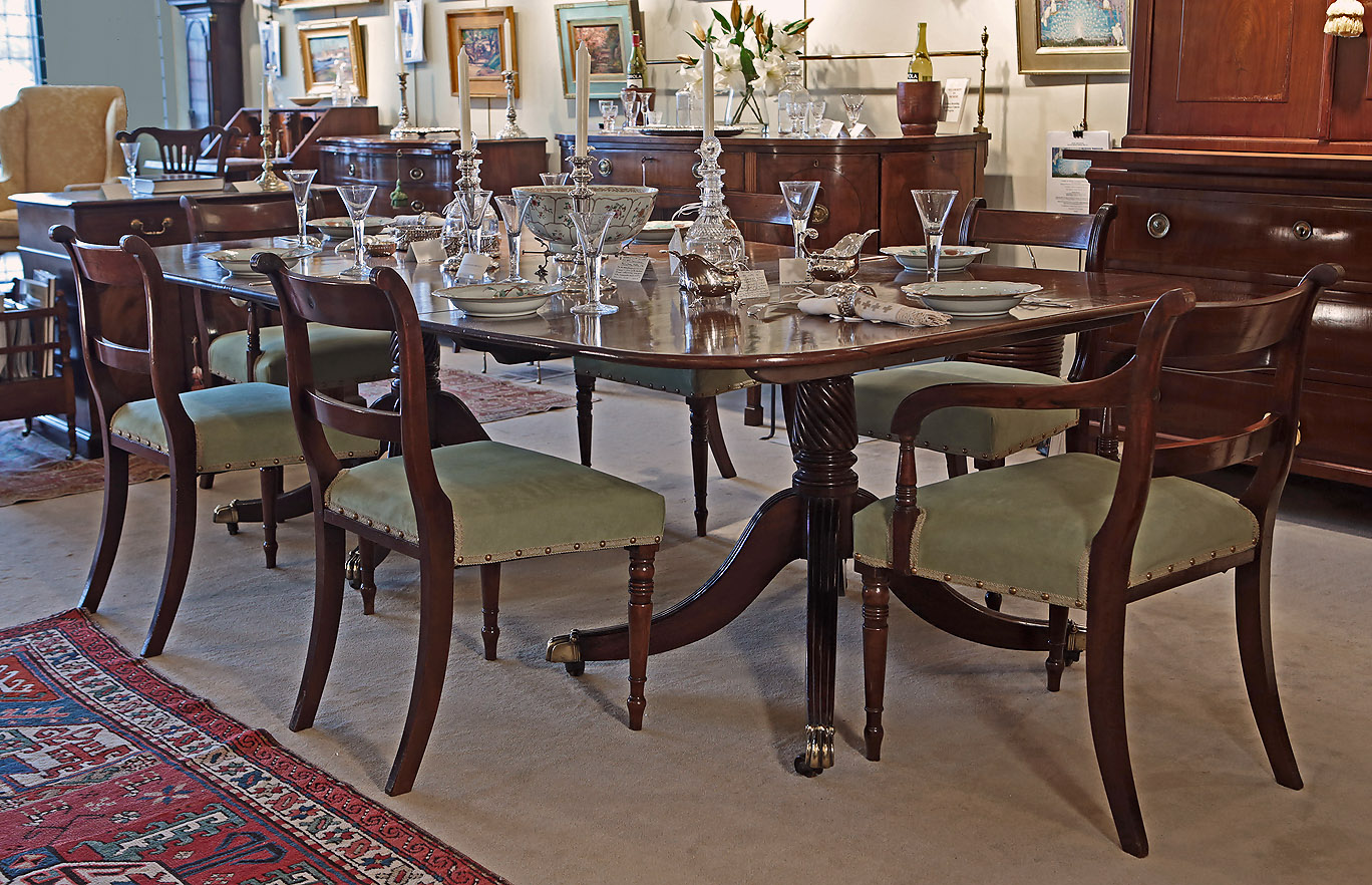Fine George III Cuban Mahogany 2-Pedestal Dining Table, England, c1800, on original pedestal Table, shown with set of 6 Georgian Regency chairs