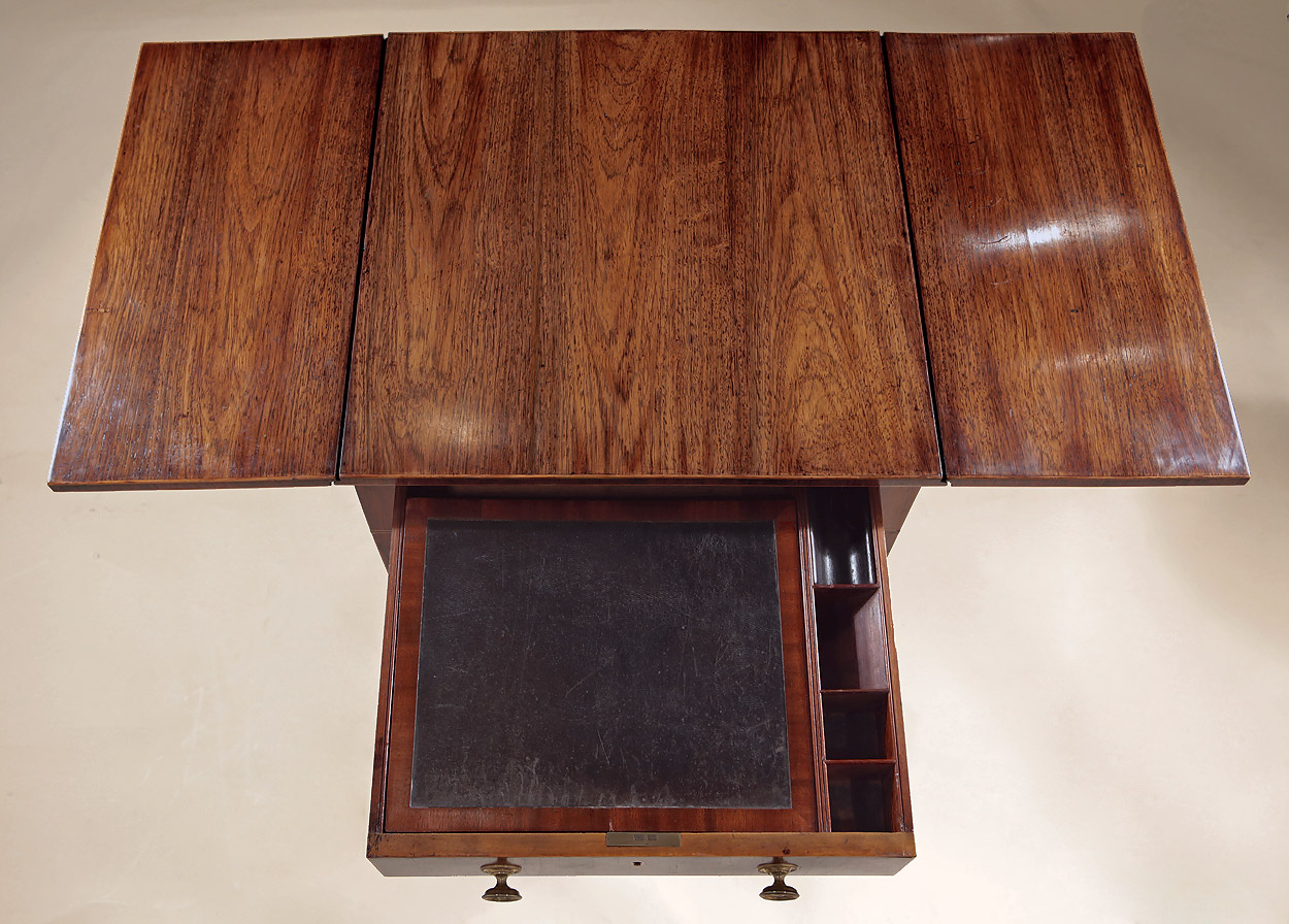 Fine George III Inlaid Rosewood Work Table with Writing Slope, England c1795, showing the top open with rich grain and original finish