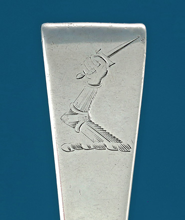 Early George III Irish Hook-End Basting Spoon, Christopher Skinner, Dublin, 1767, crest, arm in armor, in hand a dagger