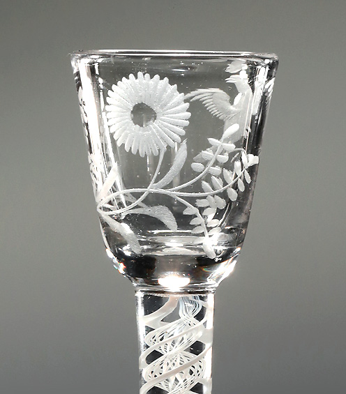 Jacobite Interest Engraved Cordial Glass, Sunflower & Bird in Flight, England, c1765 , bowl with sunflower