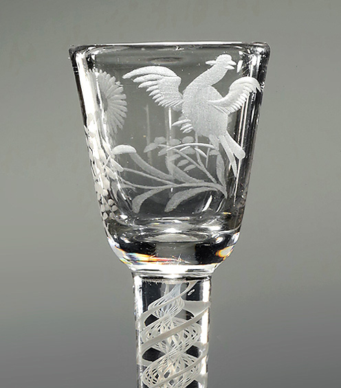 Jacobite Interest Engraved Cordial Glass, Sunflower & Bird in Flight, England, c1765, bowl with bird in fligfht