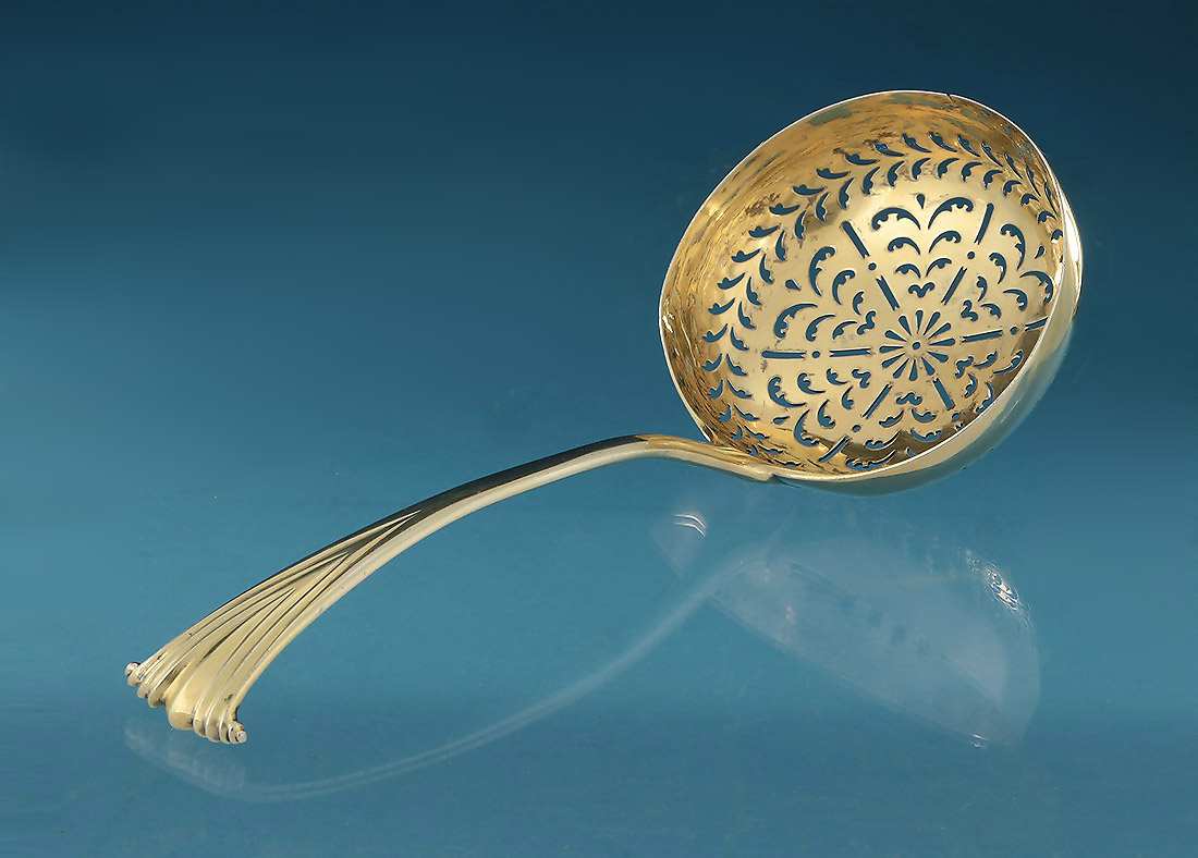 Royal George III Silver-Gilt Straining or Sifting Ladle, Crested for Son of George III (Prince); Onslow Pattern 