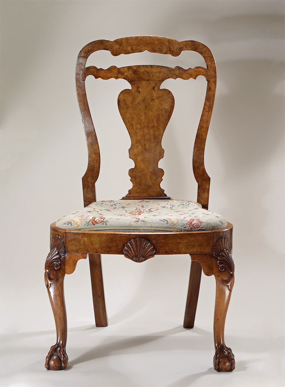 George II Carved Walnut & Burr Walnut Veneer Side Chair, Double Wavy Crestrail, c1735