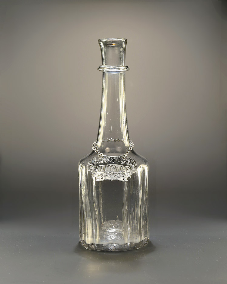 George II Cruciform Glass Decanter (Carafe), England, c1740 , with George II Silver Escutcheon Bottle Ticket, White Wine