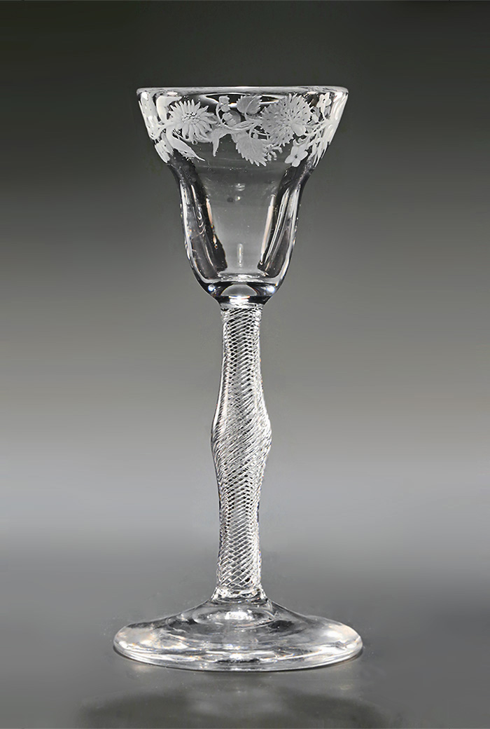 George II Jacobite Pan-Topped Airtwist Wine with cryptic floral border, c1750 , Sunflower, Carnation