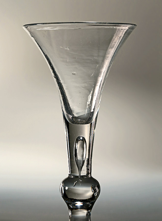 George II Tall Balulster 'Kit Cat' Type Wine Glass, England, c1730 , bowl detail
