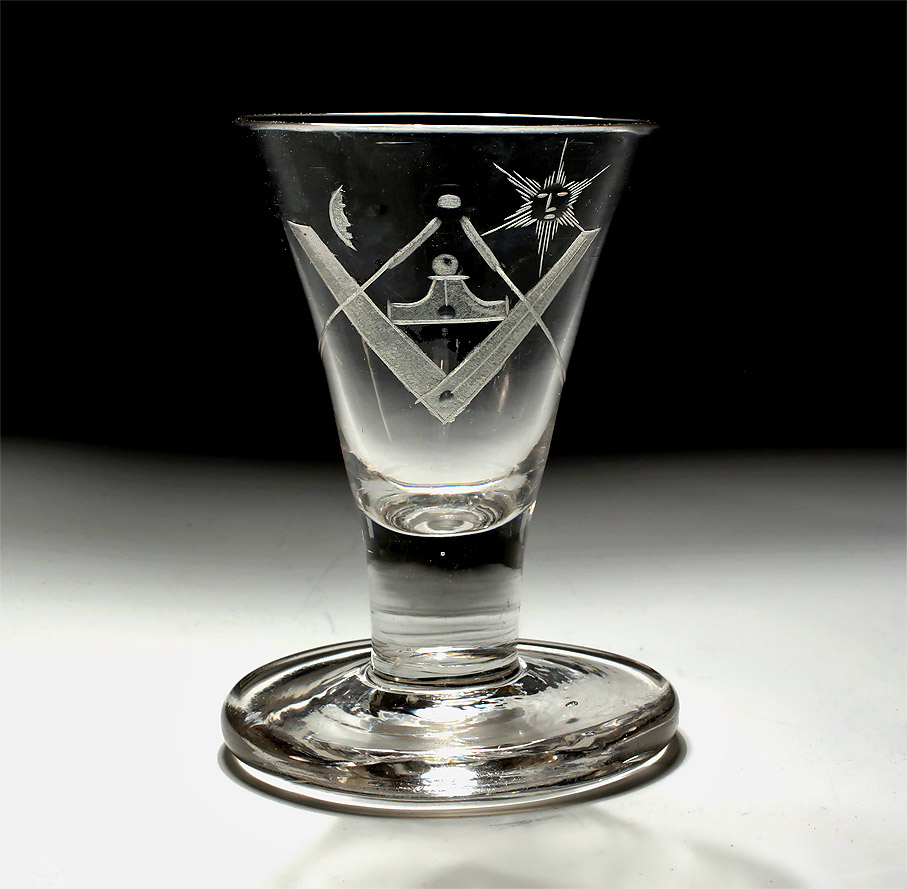 TRADITIONAL MASONIC FIRING GLASS ENGRAVED WITH SHAMROCK & SQUARE & COMPASS 
