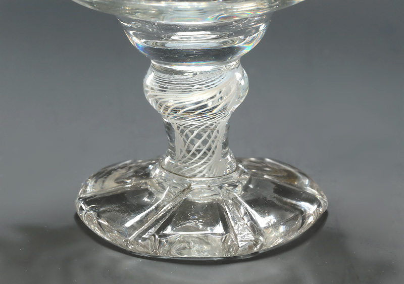 George II Opaque Twist Glass Sweetmeat Dish, Oversewn Foot, England, c1750, twist stsm and oversewn foot