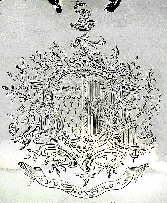 George II Rococo Pierced Silver Cake Basket, Henry Bailey, 1759. marital arms of Leche and Jones