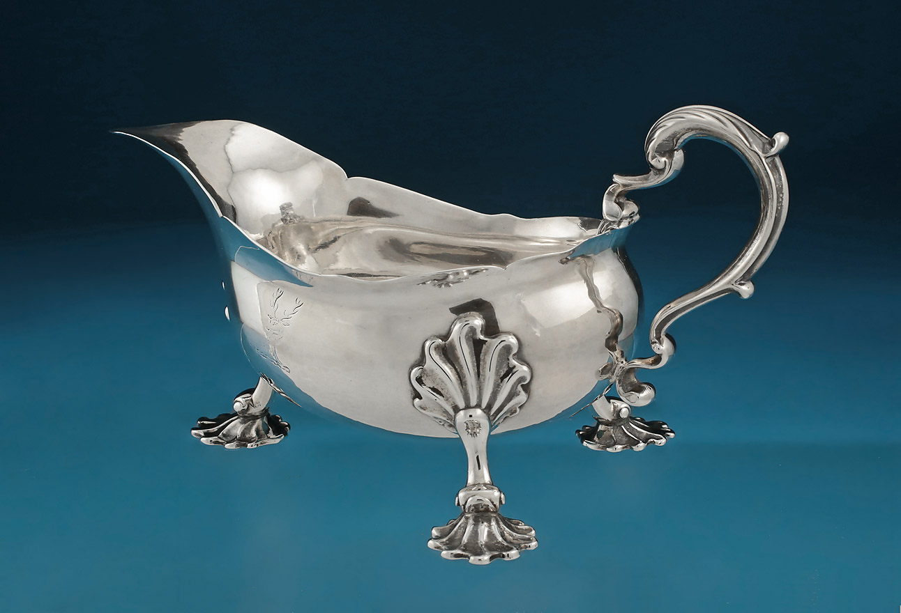 George II Silver Sauceboat, Shaw & Preist, London, 1757, crested, handle