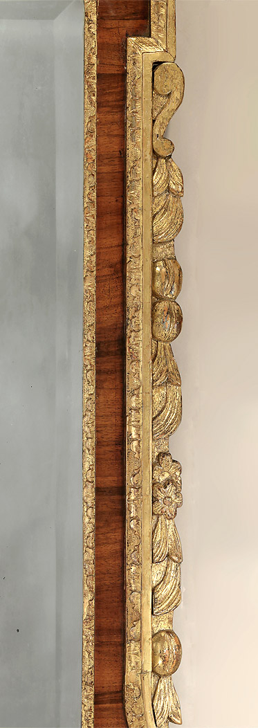 George II Walnut Veneer & Parcel Gilt Mirror, England, c1730 , dependent scrolls