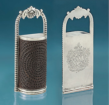 Scarce George IV Silver Kitchen Grater, Charles Rawlings, London, 1824, arms for Hunter quartering Thompson, with motto SPERO MELIOR