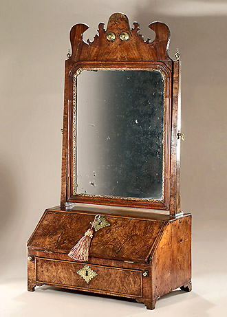 George I Burr & Straight Grain Walnut Dressing Table Mirror & Bureau